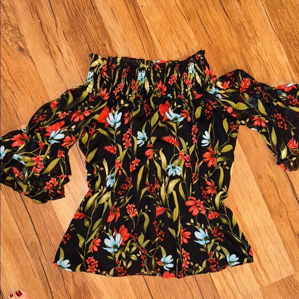 CeCe Black and Red Ruffled Smocked Blouse
